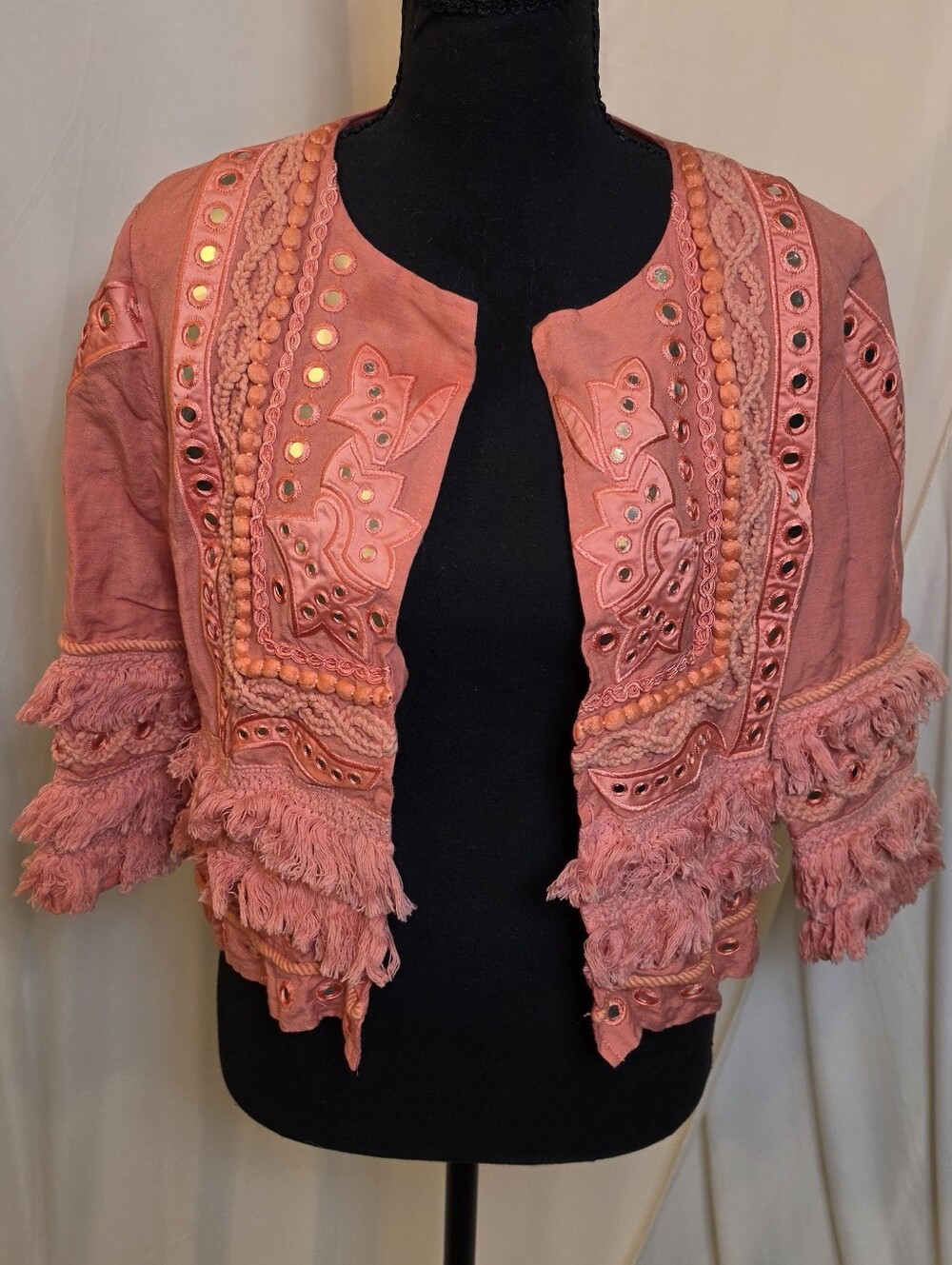 Boston Proper Boho Mirror Embroidered Fringe Open Front Jacket Coral Orange S